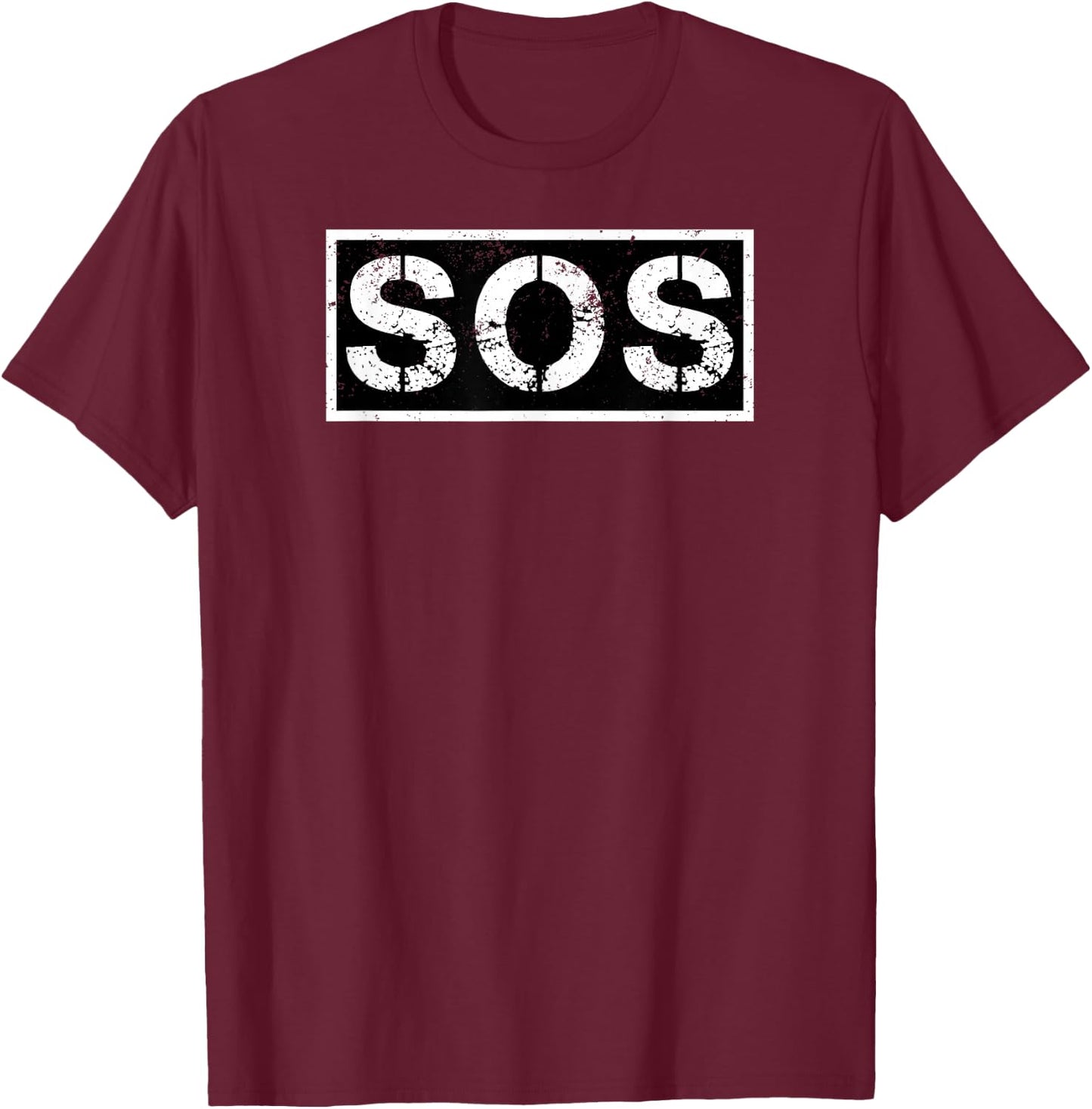 SOS – Distressed Grünge, black and white rectangular design T-Shirt - T-Shirt | Maroon