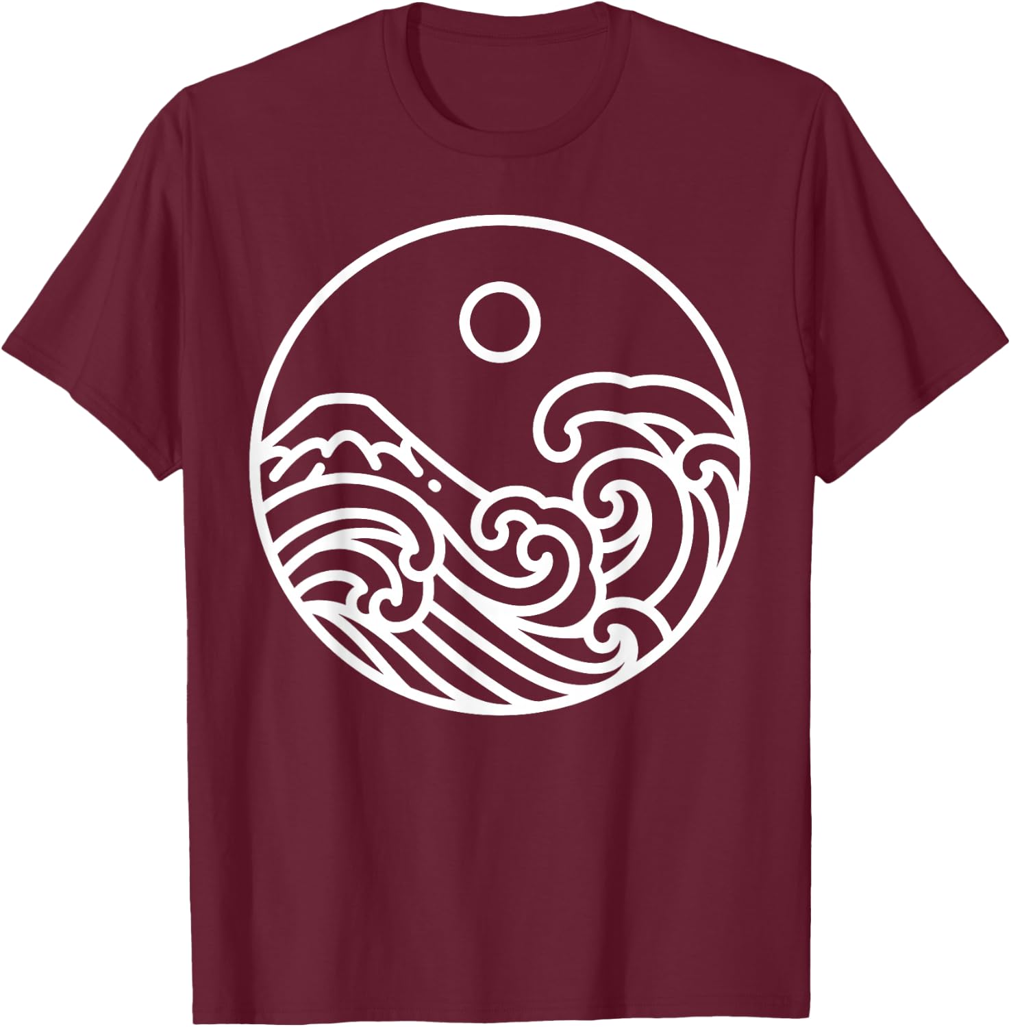 Minimal Line Art Nature Great Wave Kanagawa Drawing Artist T-Shirt - T-Shirt | Maroon