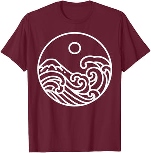 Minimal Line Art Nature Great Wave Kanagawa Drawing Artist T-Shirt - T-Shirt | Maroon