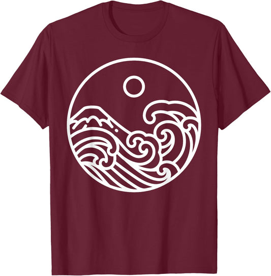 Minimal Line Art Nature Great Wave Kanagawa Drawing Artist T-Shirt - T-Shirt | Maroon