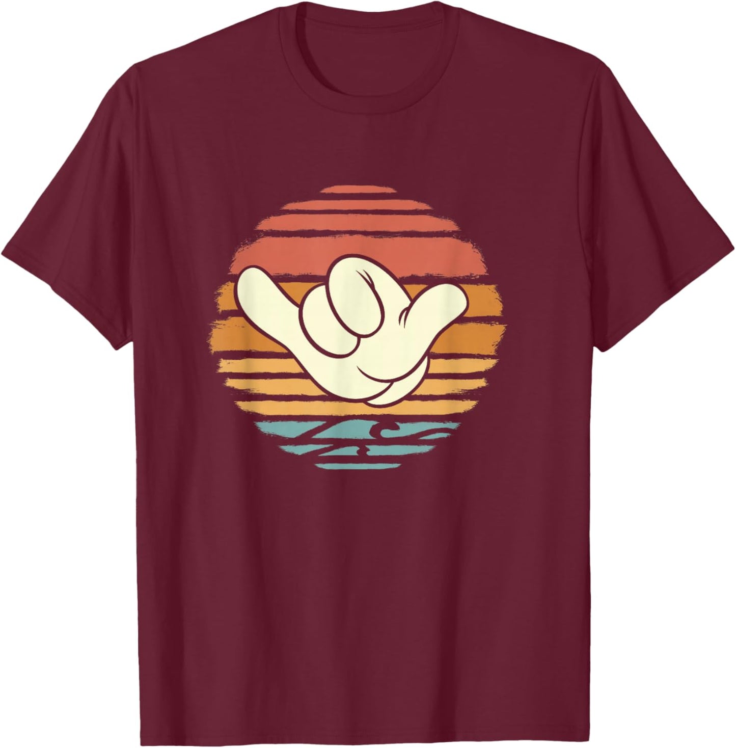 Disney Mickey and Friends Hand Shaka Sign Sunset Vintage T-Shirt - T-Shirt | Maroon