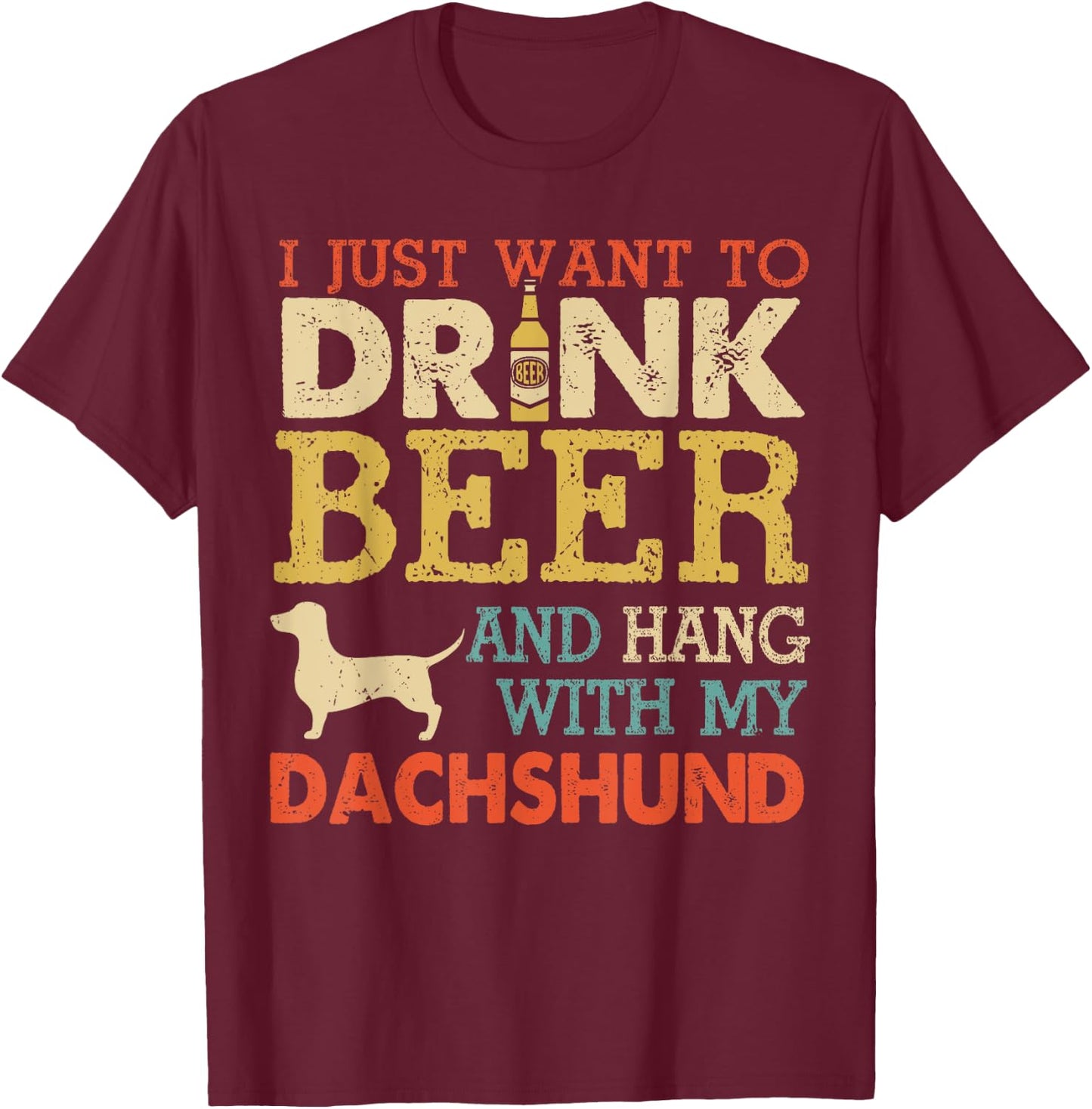 Dachshund Dad Drink Beer Hang With Dog Funny Men Vintage T-Shirt - T-Shirt | Maroon