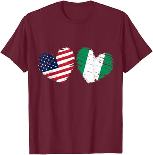 USA Nigeria Flag Heart Valentines Day Nigerian American T-Shirt - T-Shirt | Maroon