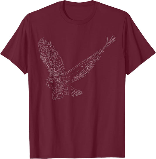 Snowy Owl Line Drawing Illustration Aesthetic Arctic Bird T-Shirt - T-Shirt | Maroon