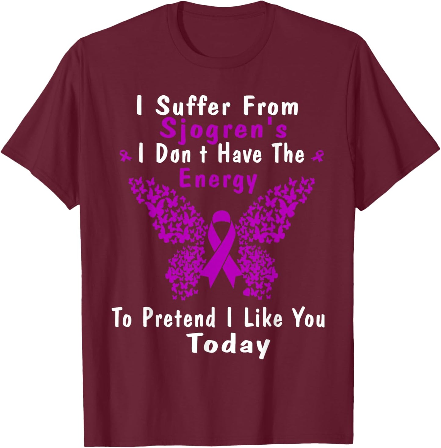 Sjogrens Syndrome Awareness Butterfly Purple Ribbon Disease T-Shirt - T-Shirt | Maroon
