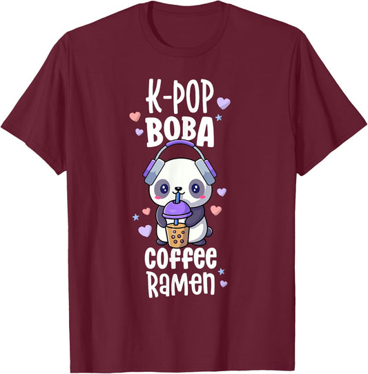 Boba And KPop Shirt Coffee Ramen Kawaii Panda Merch K-Pop T-Shirt - T-Shirt | Maroon