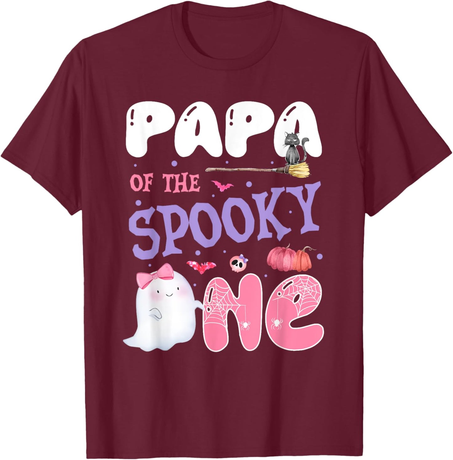 Papa Of The Spooky One 1st Birthday Halloween Pink Ghost T-Shirt - T-Shirt | Maroon