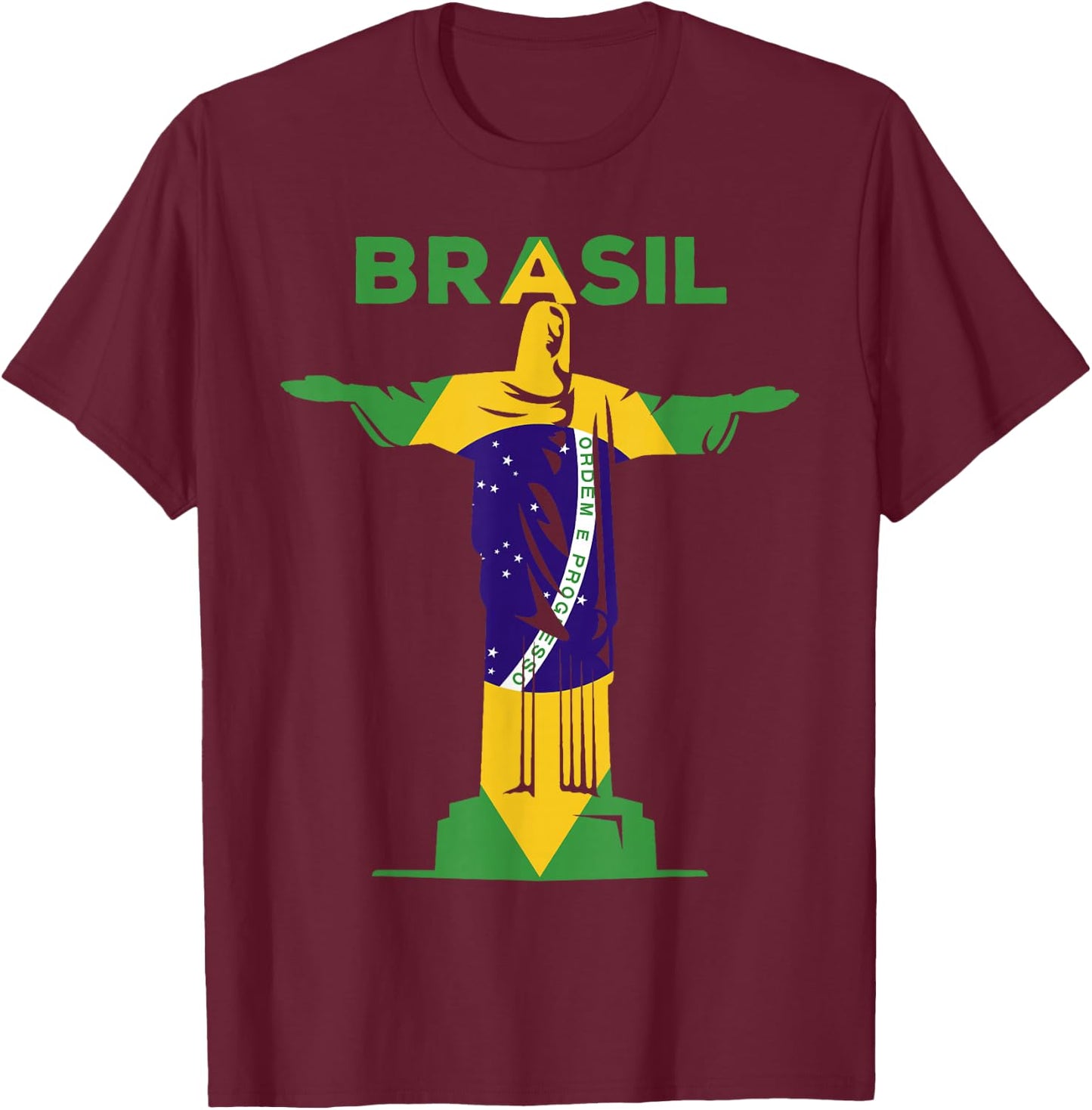 BRASIL - Christ The Redeemer Statue & Brazilian FLAG Pride T-Shirt - T-Shirt | Maroon