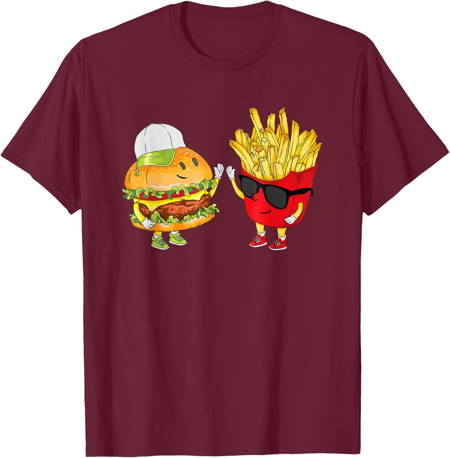 Hamburger Fries High Five | Cool Fun Combo Snacks Funny Gift T-Shirt - T-Shirt | Maroon
