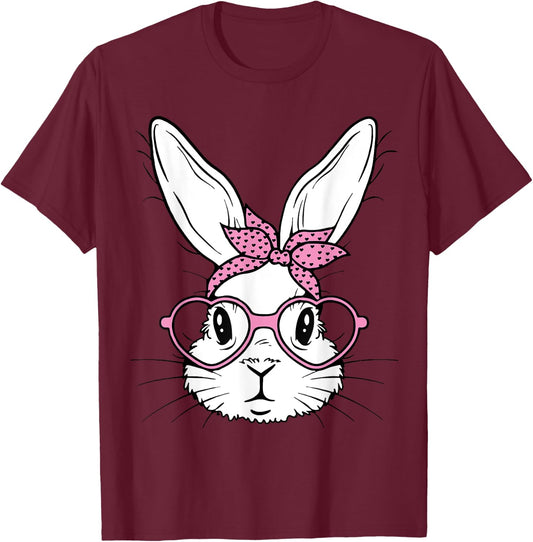 Cute Bunny Rabbit Face With Bandana Heart Glasses Easter Day T-Shirt - T-Shirt | Maroon