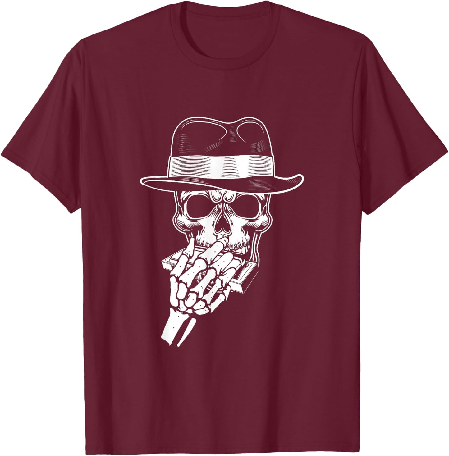 Skeleton Harmonica Player Blues Harmonica Musician T-Shirt - T-Shirt | Maroon