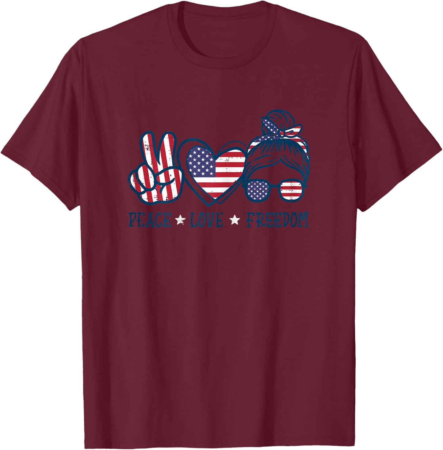 Peace Love Freedom American Flag 4th Of July Patriot Women T-Shirt - T-Shirt | Maroon
