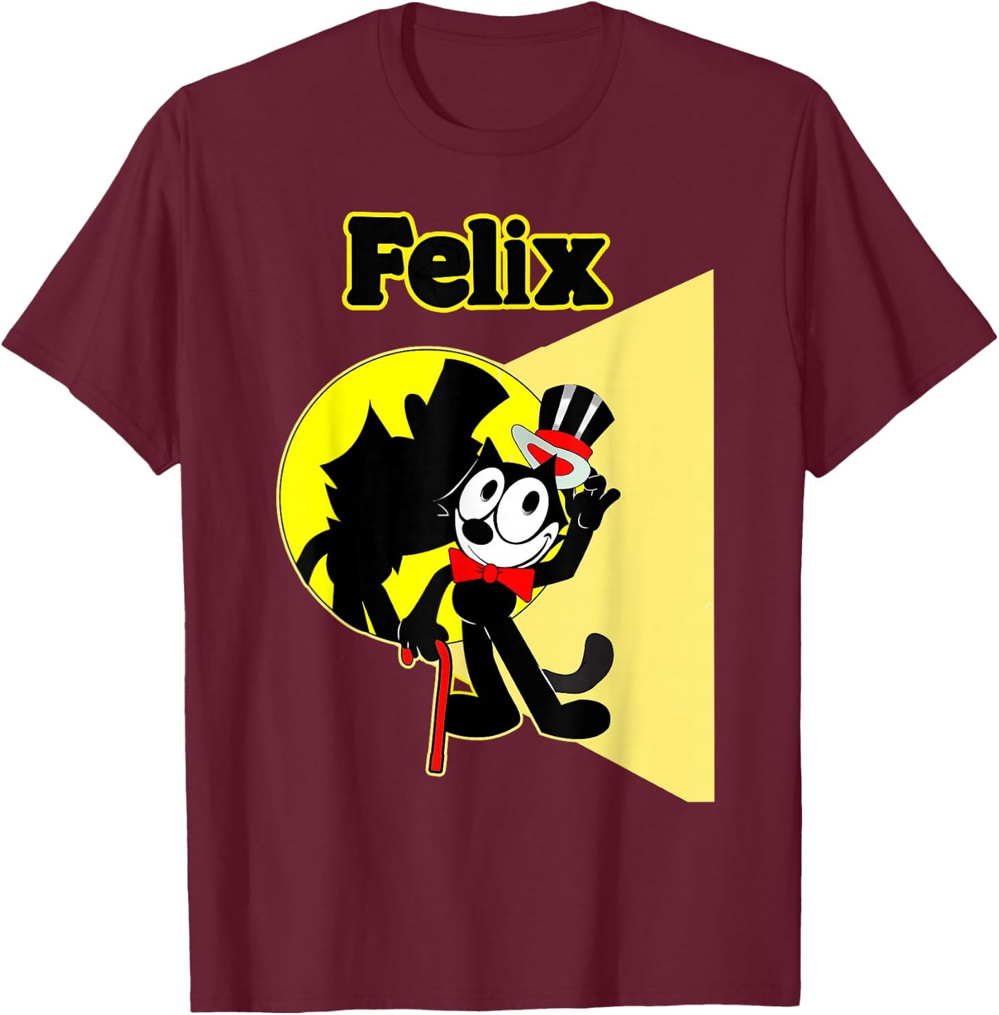 Felix Cartoon on-Stage in Spotlight Wears Bow Tie, Top Hat T-Shirt - T-Shirt | Maroon