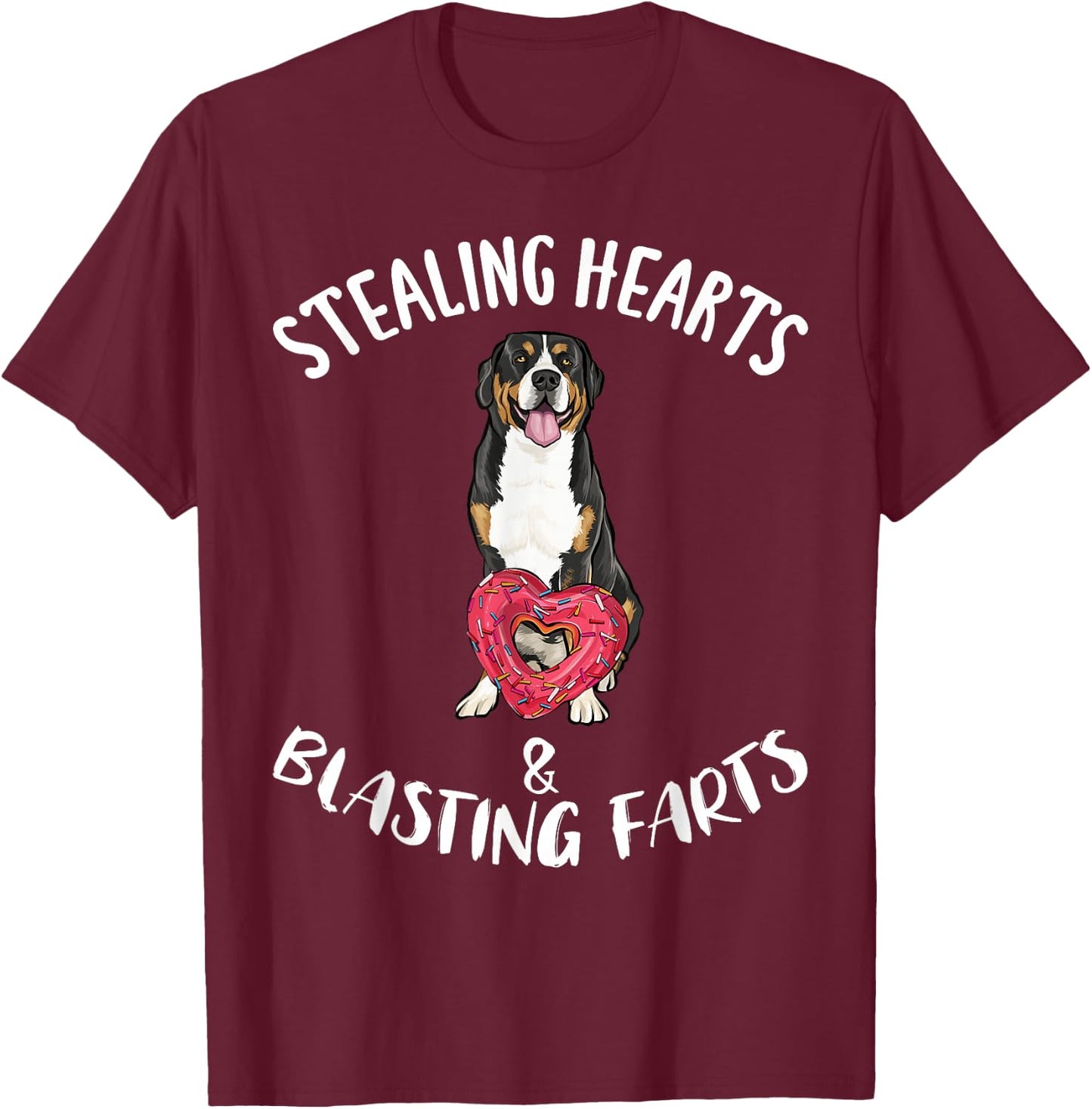 Stealing Hearts Blasting Farts Greater Swiss Mountain Dog T-Shirt - T-Shirt | Maroon