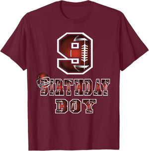 9th Birthday Boy 9 Years Old Football Lover Theme Party T-Shirt - T-Shirt | Maroon