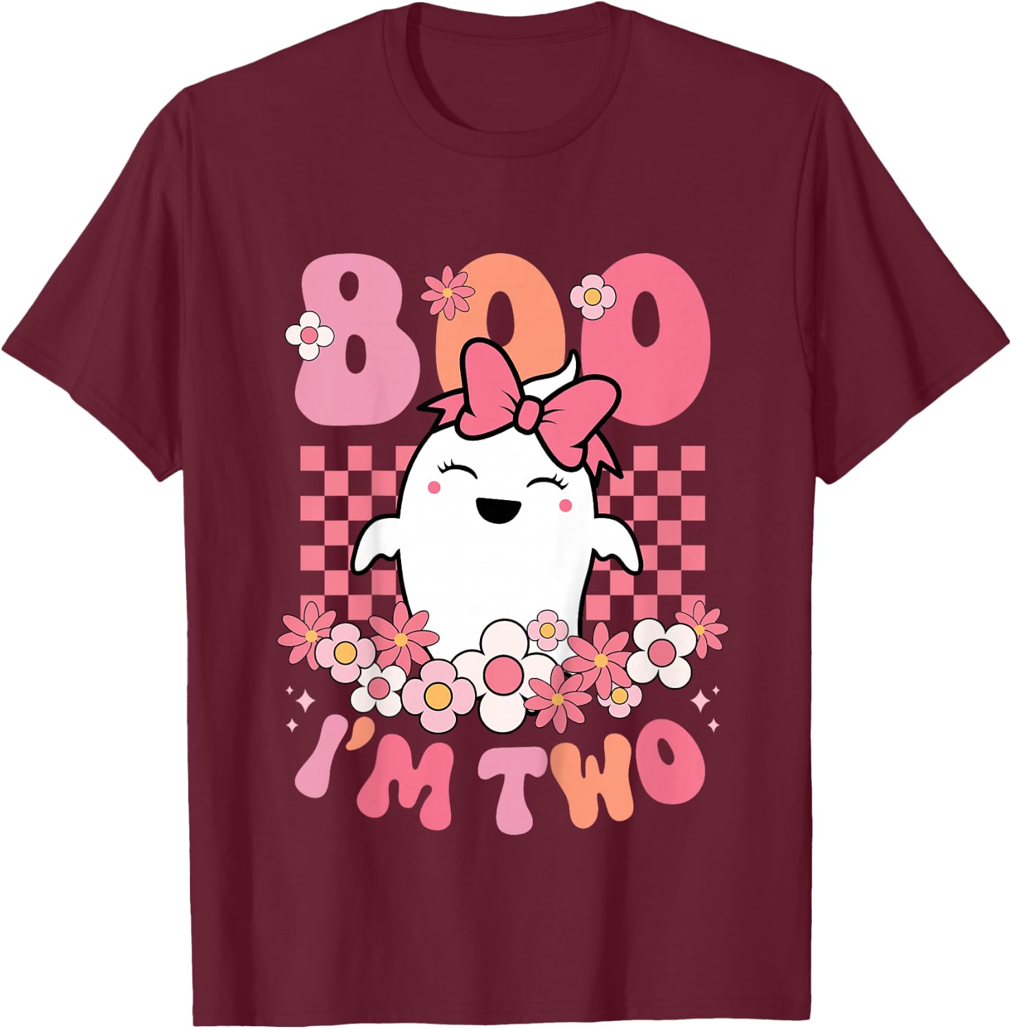 Kids Boo I'm Two Cute Ghost Groovy 2nd Second Birthday Girls Kids T-Shirt - T-Shirt | Maroon