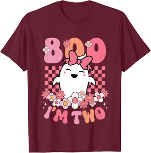 Kids Boo I'm Two Cute Ghost Groovy 2nd Second Birthday Girls Kids T-Shirt - T-Shirt | Maroon