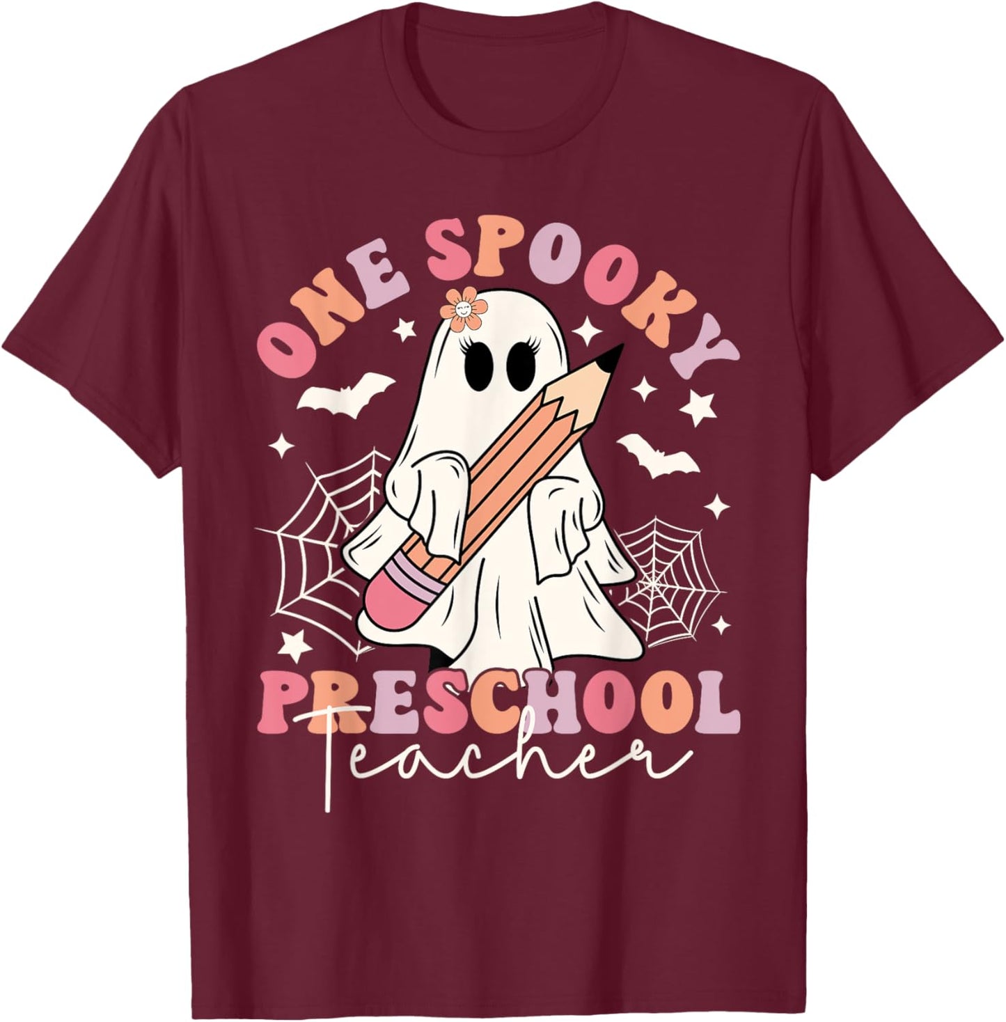 One Spooky Preschool Teacher Ghost Retro Halloween 2024 T-Shirt - T-Shirt | Maroon