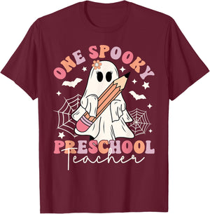 One Spooky Preschool Teacher Ghost Retro Halloween 2024 T-Shirt - T-Shirt | Maroon