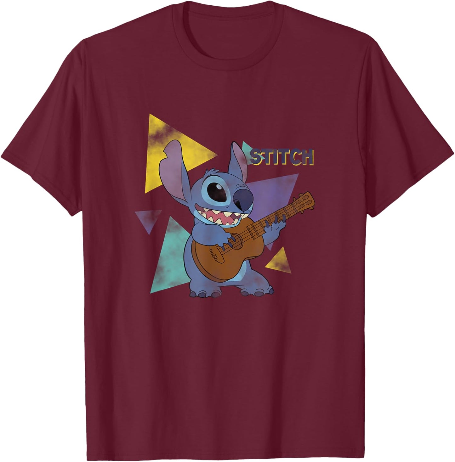 Disney Lilo & Stitch Playing The Guitar Distressed Shot T-Shirt - T-Shirt | Maroon