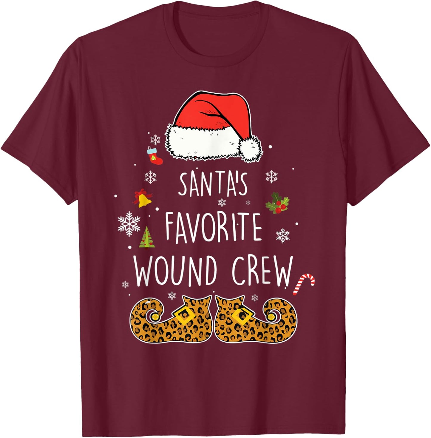 Santa's Favorite Wound Crew Christmas Wound Care Nurse Crew T-Shirt - T-Shirt | Maroon