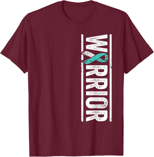 Cervical Cancer Warrior - Sideways Teal Awareness Ribbon T-Shirt - T-Shirt | Maroon