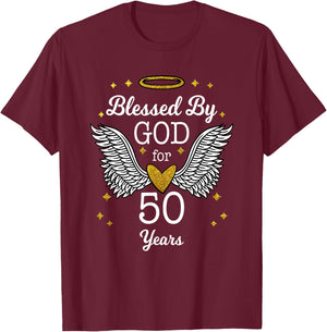 Blessed By God For 50 Years Angel Wings 50th Birthday Shirt T-Shirt - T-Shirt | Maroon