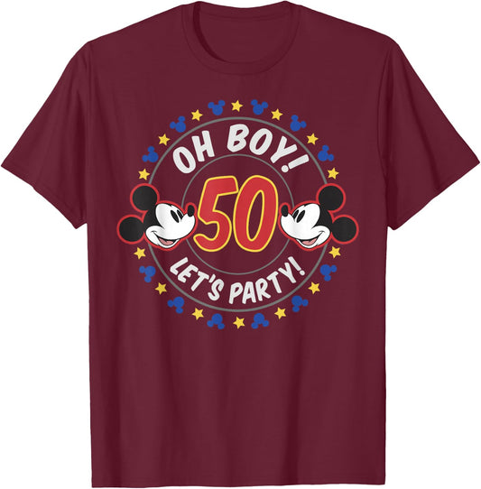 Disney Mickey and Friends Oh Boy Let's Party 50th Birthday T-Shirt - T-Shirt | Maroon