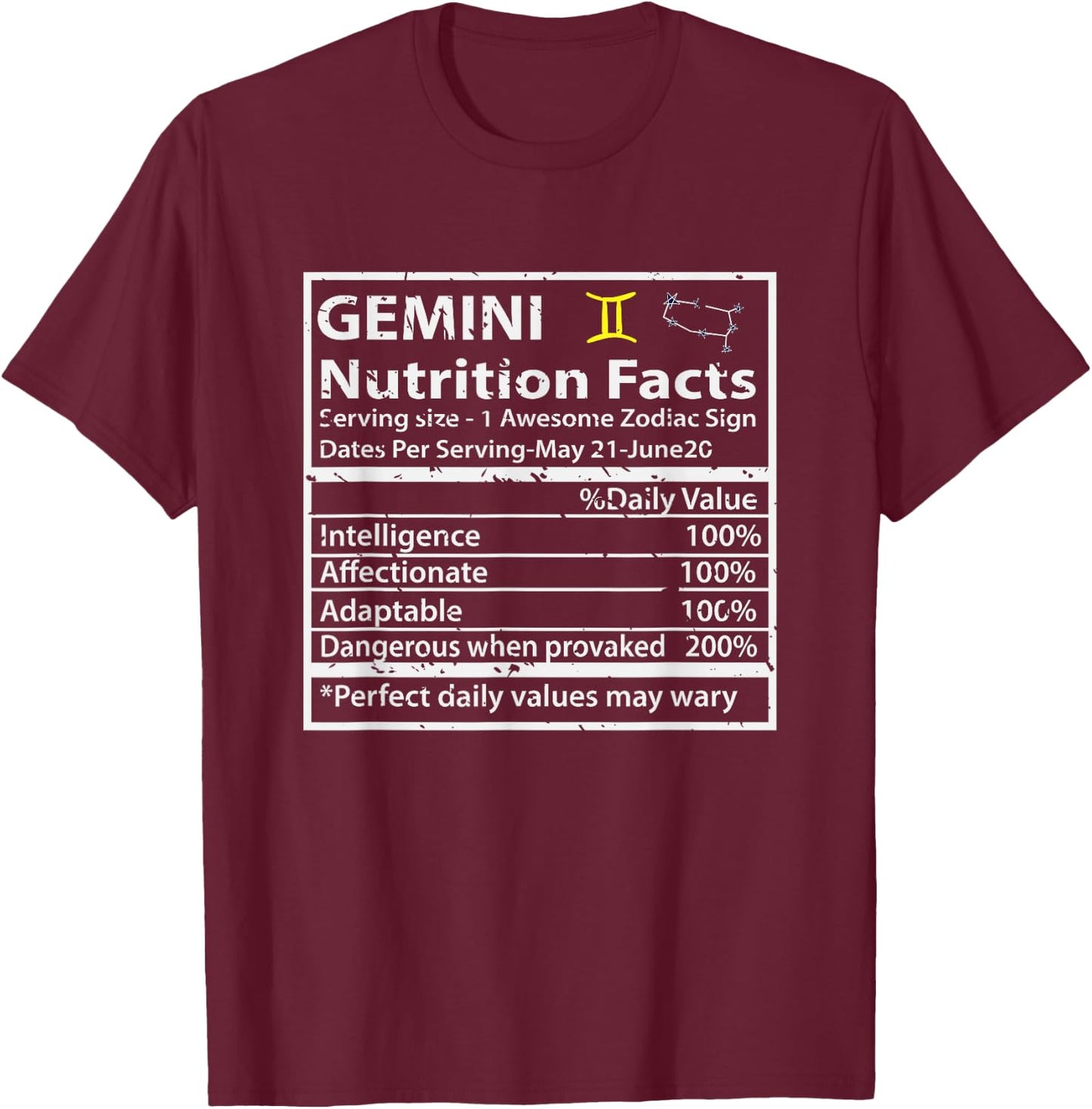 Gemini Nutrition Facts Zodiac Sign T-Shirt - T-Shirt | Maroon