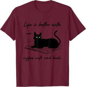 Coffe, Cats and Reading Books Ironic T-Shirt - T-Shirt | Maroon