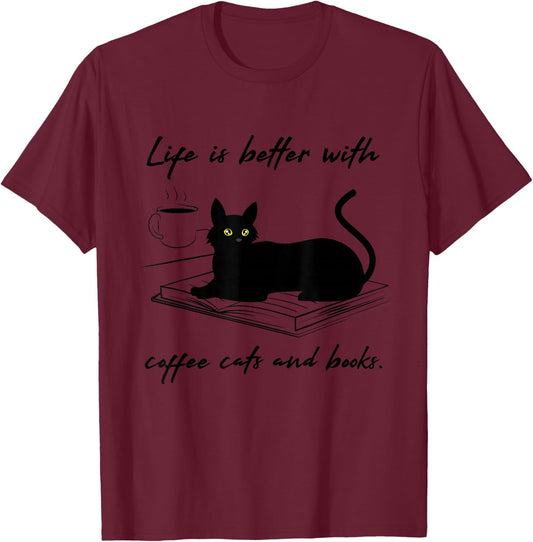 Coffe, Cats and Reading Books Ironic T-Shirt - T-Shirt | Maroon