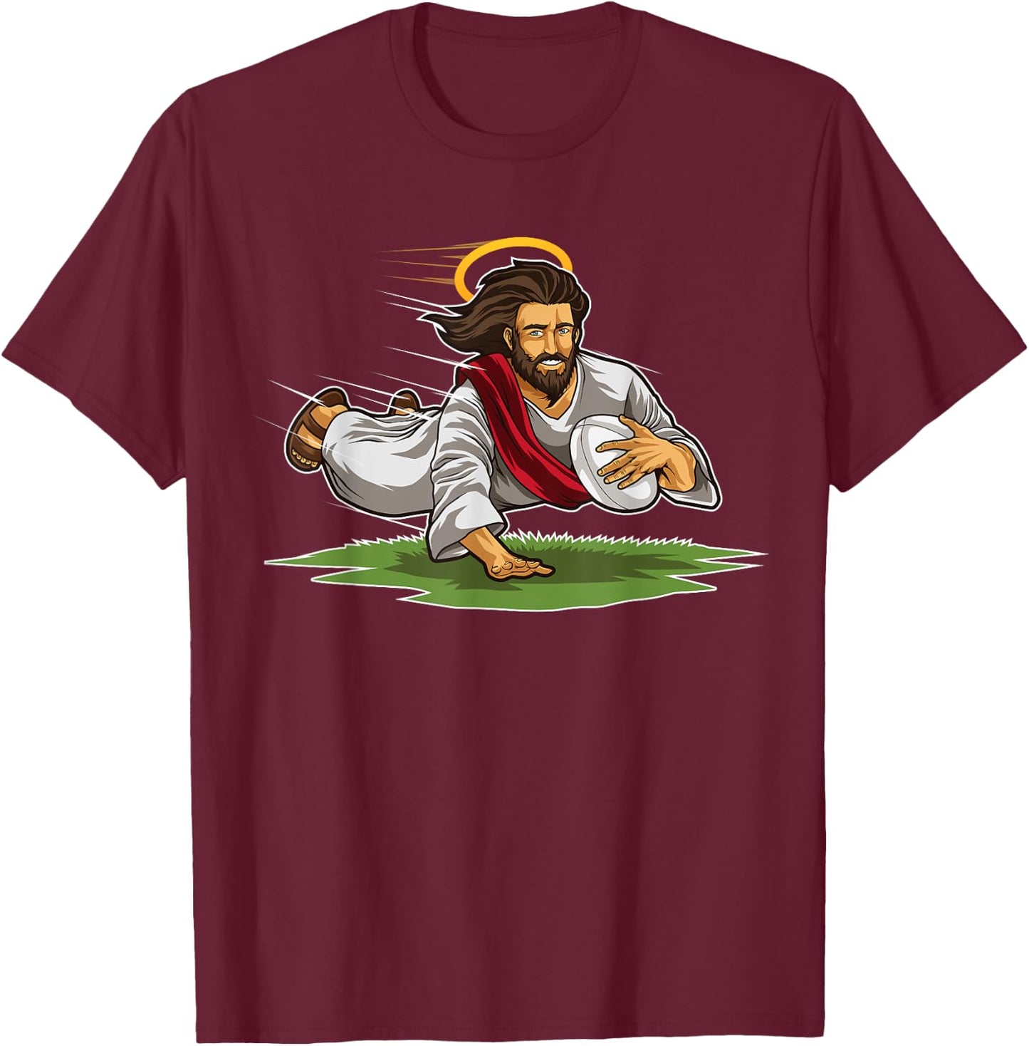 Rugby Jesus Scores Funny Rugby Illustration T-Shirt - T-Shirt | Maroon