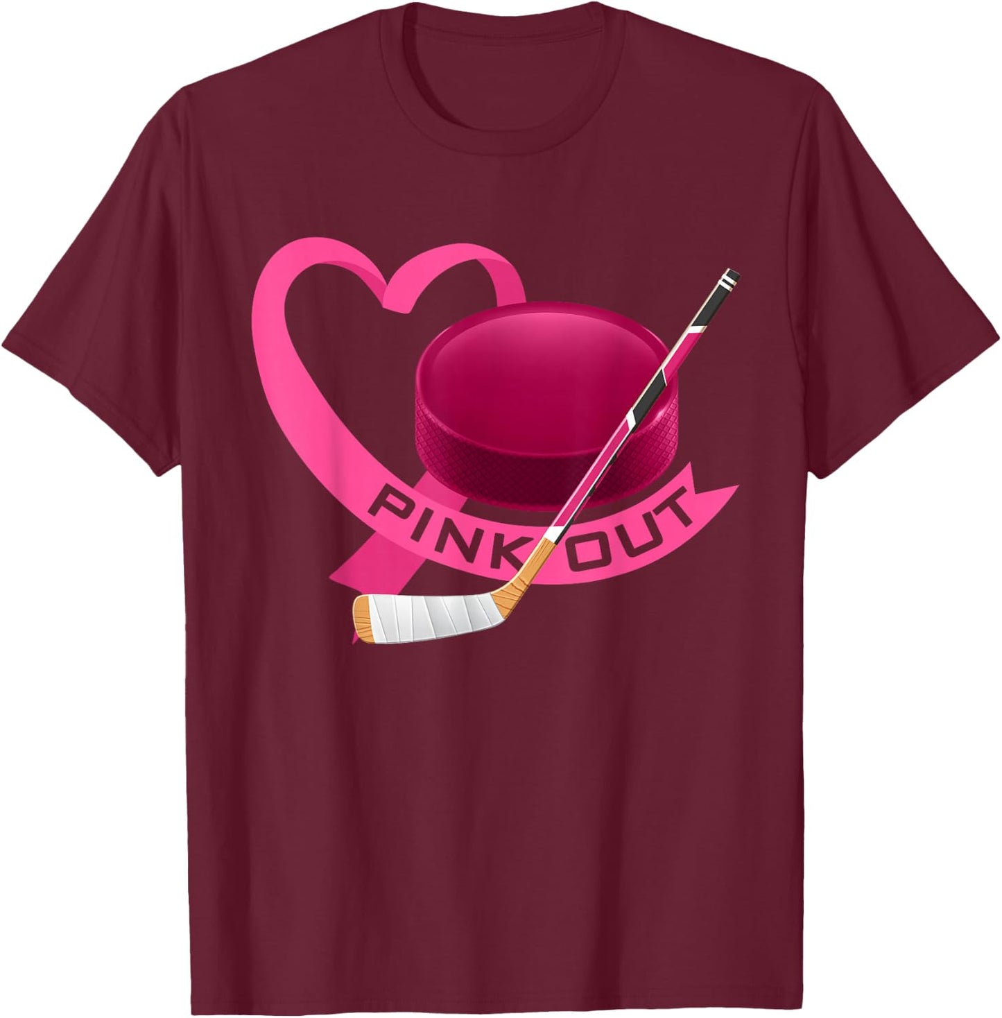 Pink Out Breast Cancer Pink Ribbon Heart & Ice Hockey Puck T-Shirt - T-Shirt | Maroon