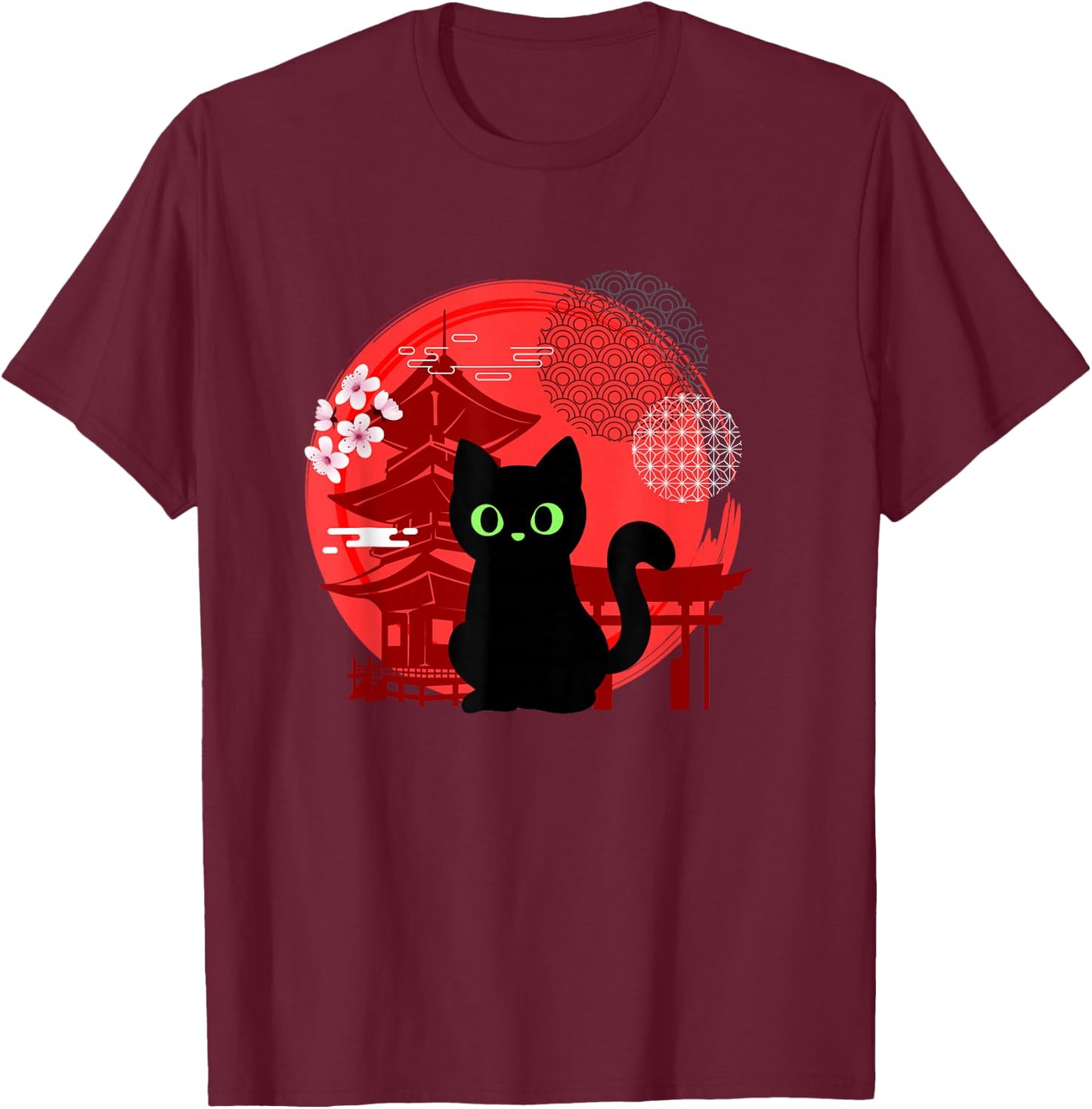 Japanese Cat Silhouette Flower Kitten Anime Lover Cat T-Shirt - T-Shirt | Maroon