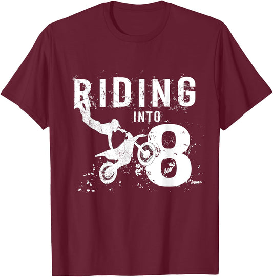 Riding Into 8 Years Old 8th Birthday Boy Dirt Bike Party T-Shirt - T-Shirt | Maroon
