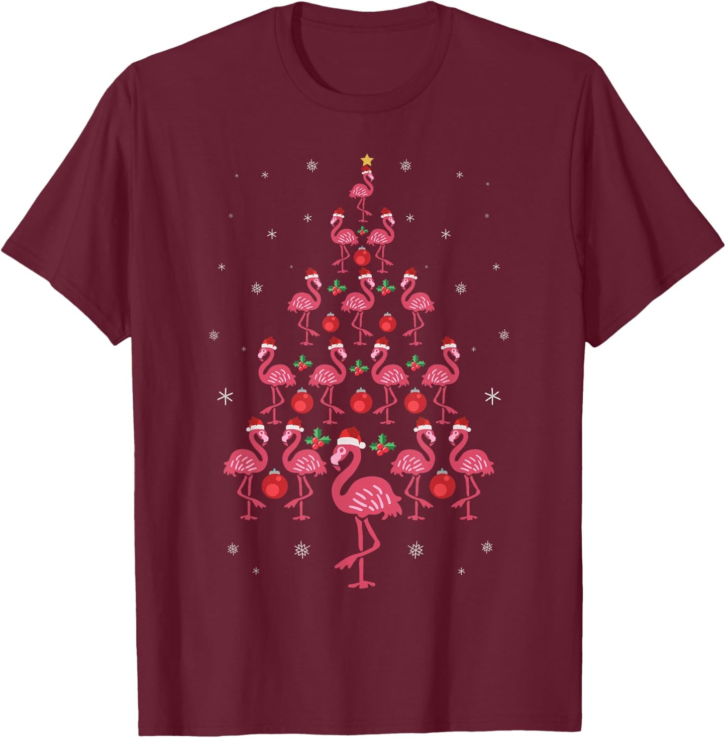Funny Christmas Pink Flamingo Tree Holiday Bird Lover T-Shirt - T-Shirt | Maroon