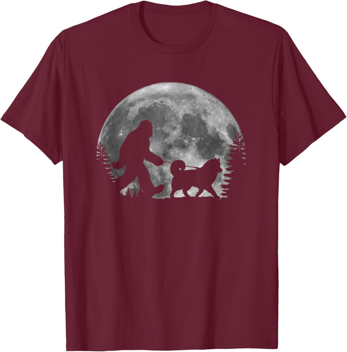 Bigfoot Walking a Dog Funny Siberian Husky Moon Halloween Women Kids T-Shirt - T-Shirt | Maroon