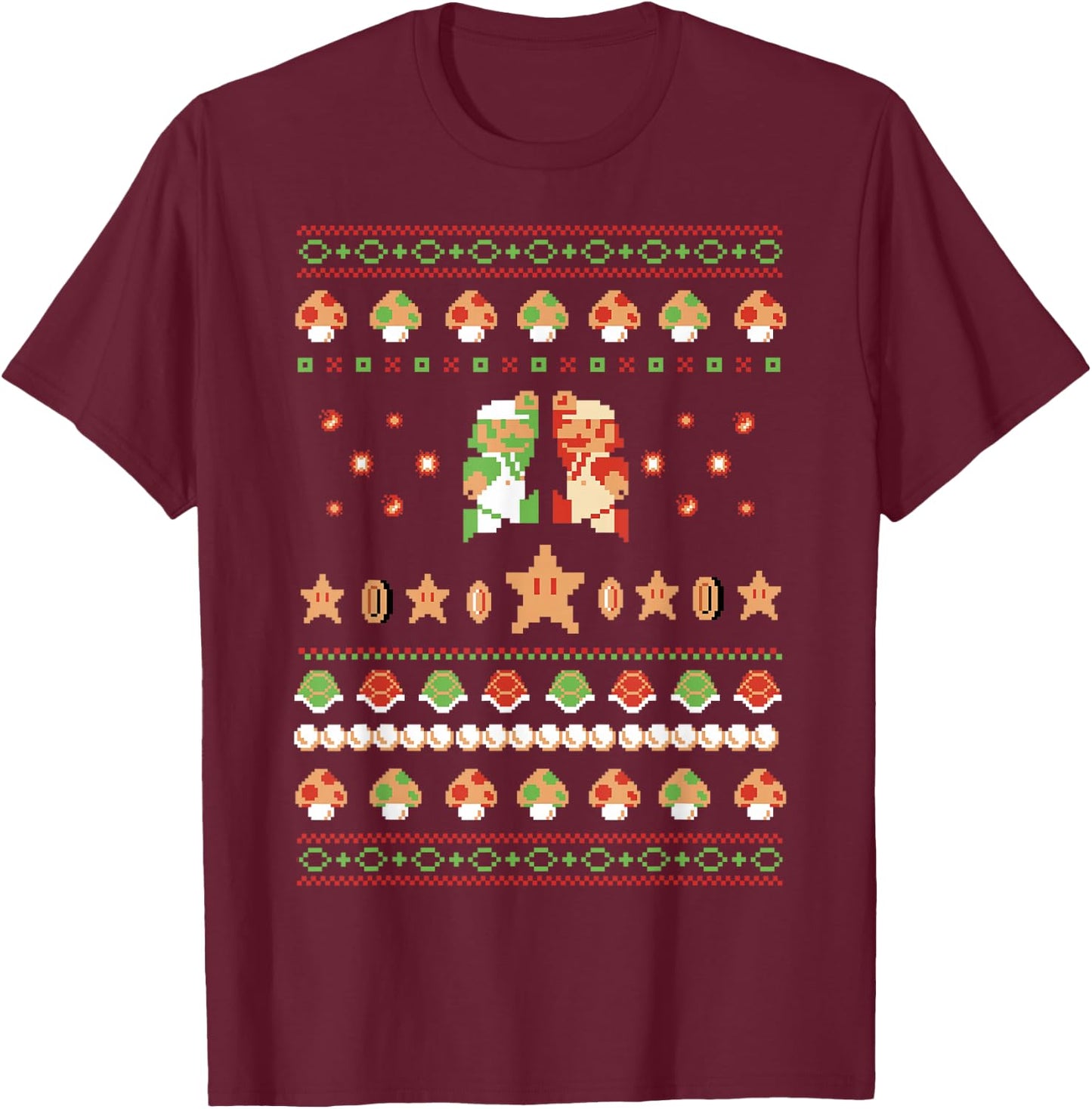 Super Mario 8-Bit Christmas Sweater Style T-Shirt - T-Shirt | Maroon