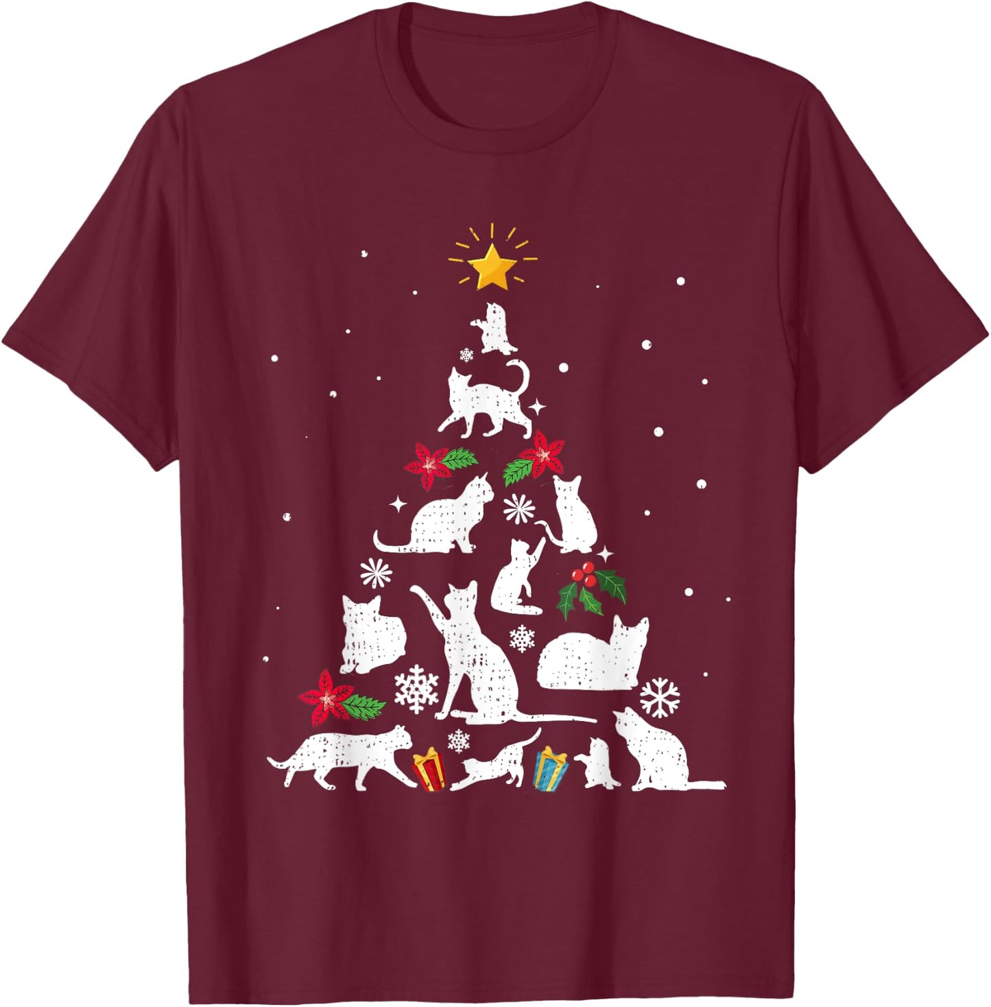 Funny Cat Christmas Tree Women Kids T-Shirt - T-Shirt | Maroon