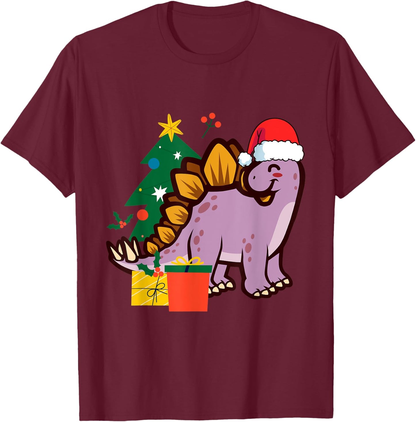 Cute Stegosaurus Dinosaur Santa Merry Christmas T-Shirt - T-Shirt | Maroon