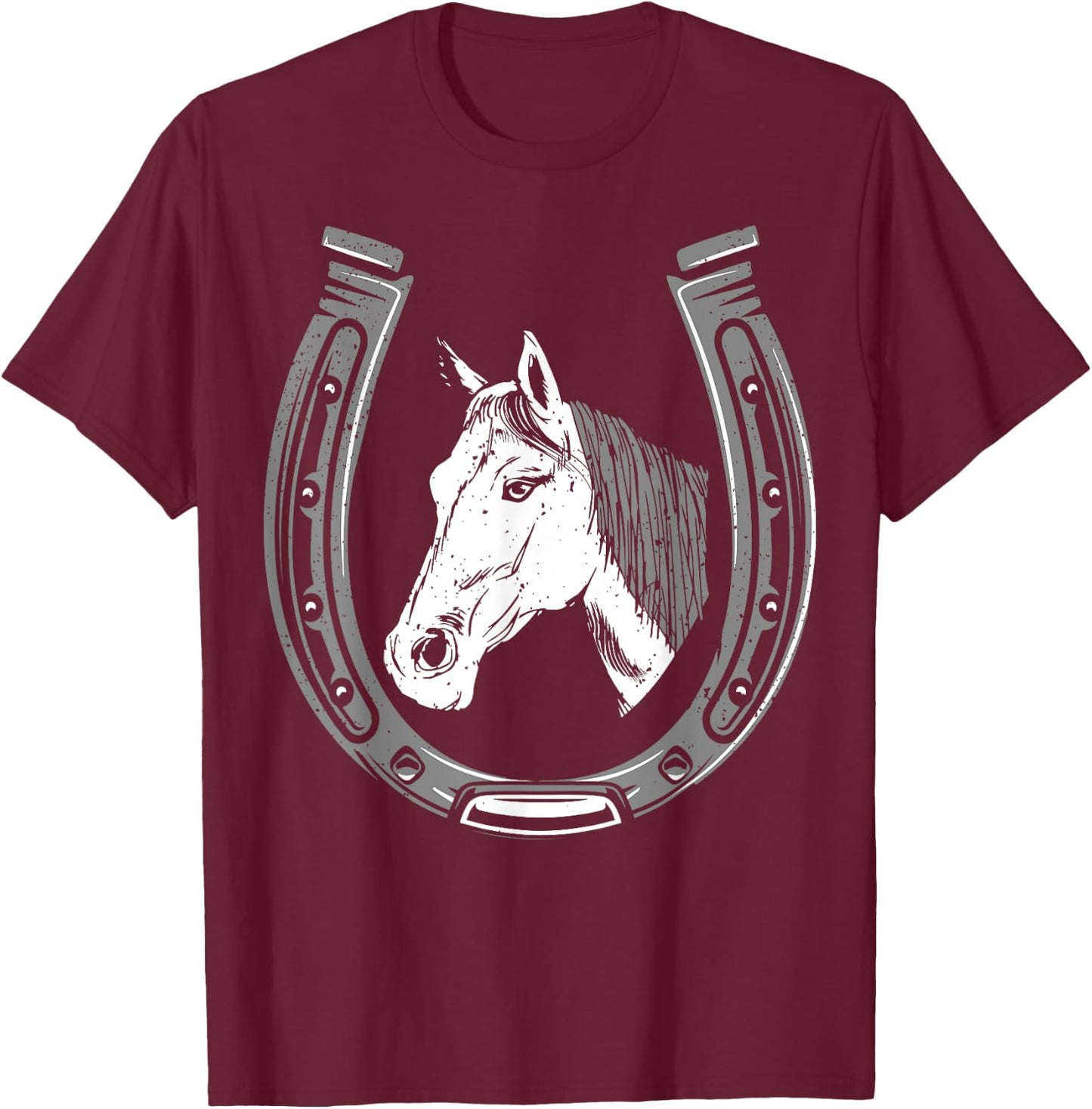 Horse Riding - Horse Head With Horseshoe T-Shirt - T-Shirt | Maroon
