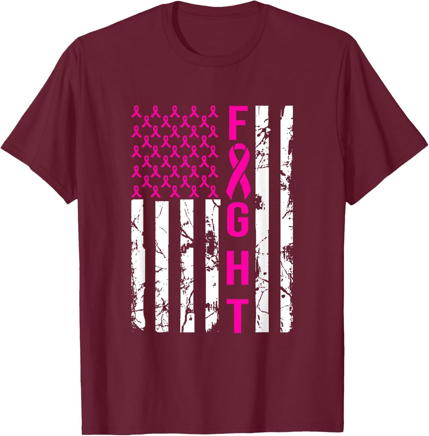 Breast Cancer Awareness FIGHT American Flag Pink Ribbon Women Men T-Shirt - T-Shirt | Maroon