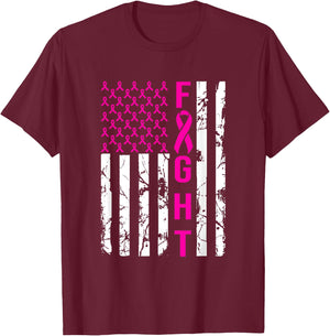 Breast Cancer Awareness FIGHT American Flag Pink Ribbon Women Men T-Shirt - T-Shirt | Maroon