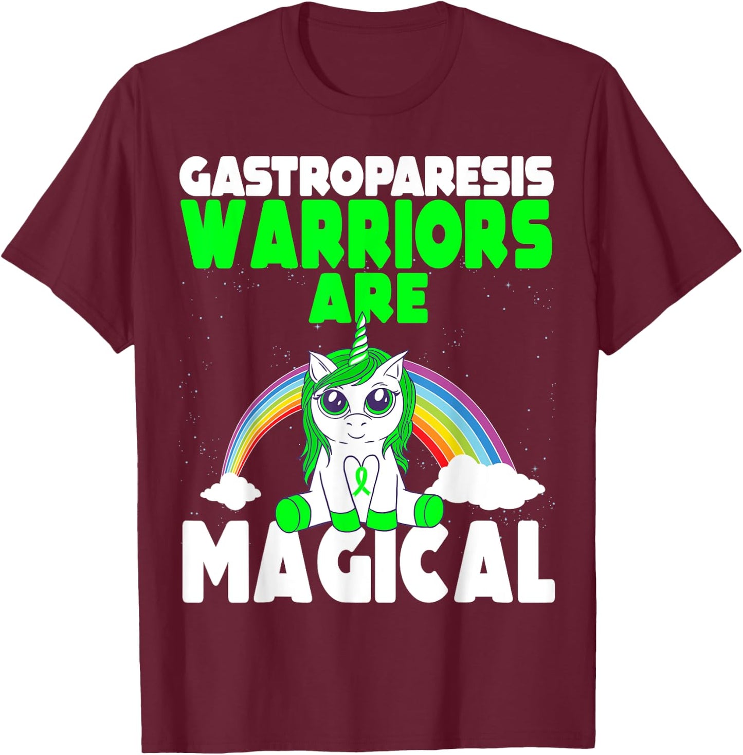 Gastroparesis Awareness Cute Magical Unicorn Green Ribbon T-Shirt - T-Shirt | Maroon