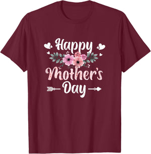 Happy Mother's Day With Floral Mom Mommy Grandma T-Shirt - T-Shirt | Maroon