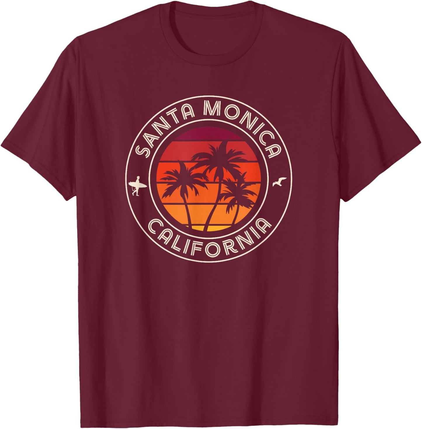 California Sunset Surfer and Seagull Santa Monica Beach T-Shirt - T-Shirt | Maroon