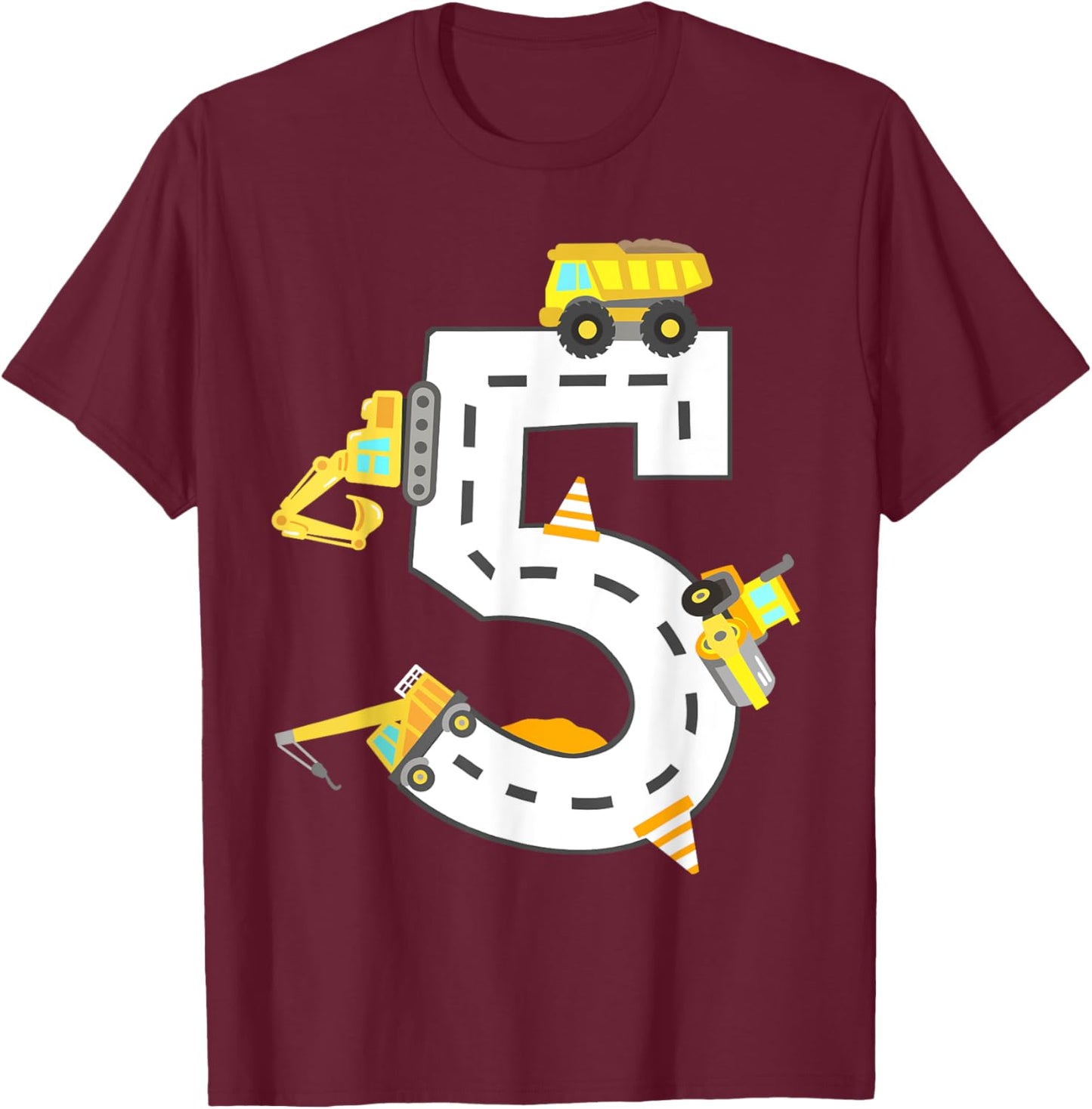 5th Construction Birthday Party Excavator Boys 5 Years Old T-Shirt - T-Shirt | Maroon