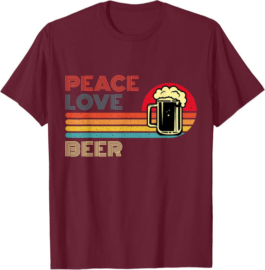 Peace Love Beer - Retro Sunset Bartender Brewers Drinkers T-Shirt - T-Shirt | Maroon