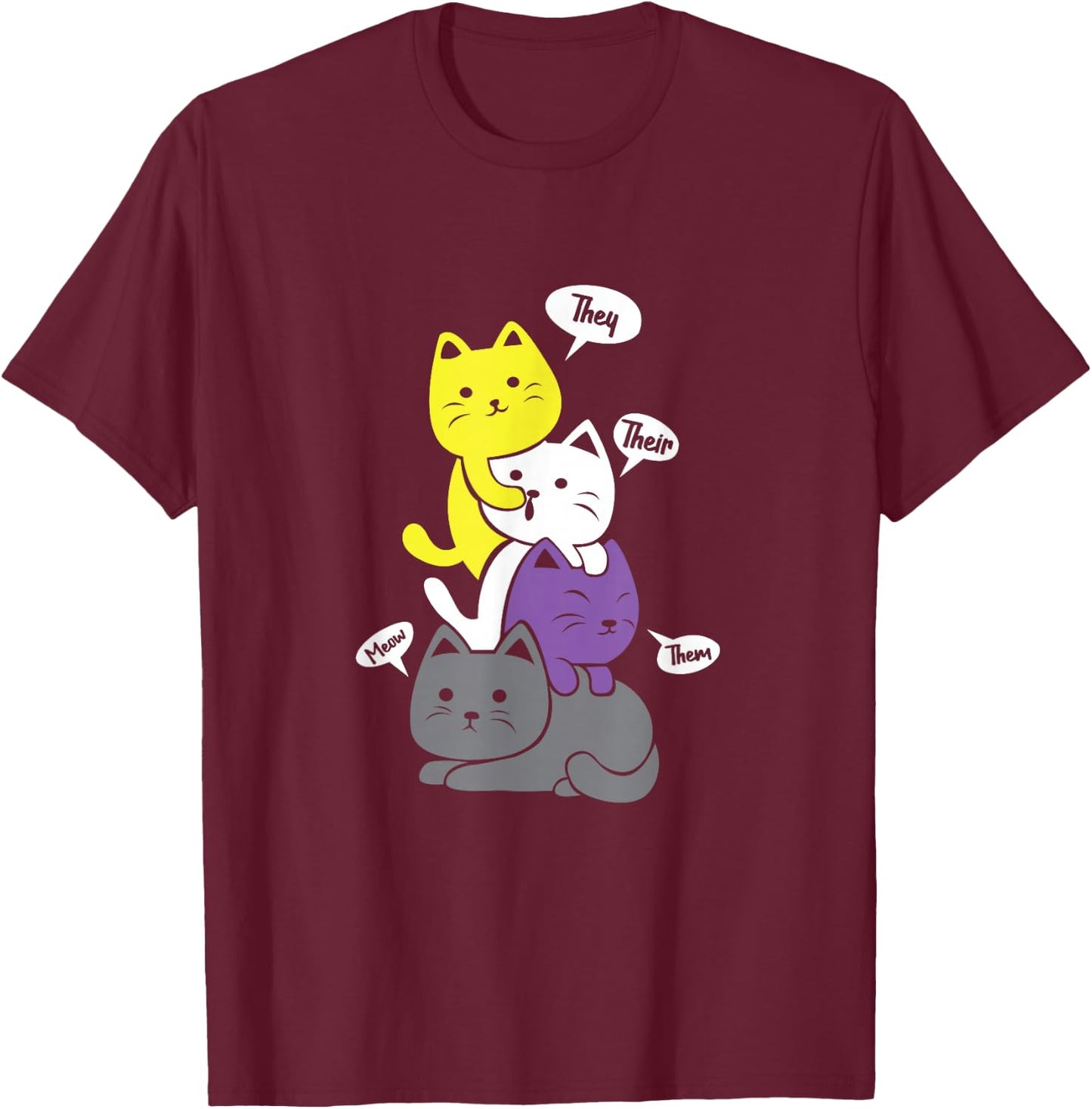 Nonbinary They Their Them Meow Cute Non-Binary Flag Kawaii Small T-Shirt - T-Shirt | Maroon