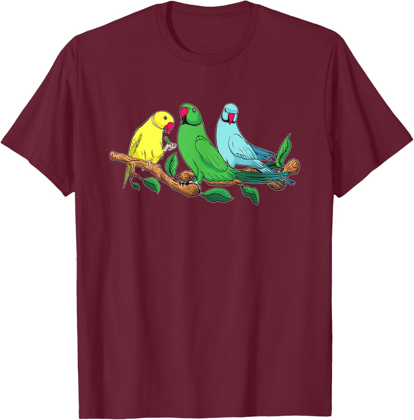 Three Indian Ringneck Parrots Ringnecked Parakeet Parrot T-Shirt - T-Shirt | Maroon